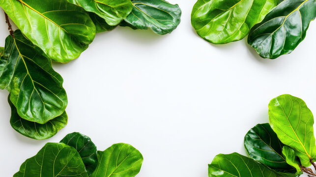 flat lay of a fiddle leaf fig branch with symmetrical leaves radiating from the center. The foliage is a rich emerald green with a natural organic texture. The branch is centered on a pure white 