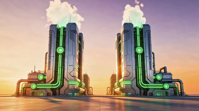 Futuristic industrial towers with green lights
