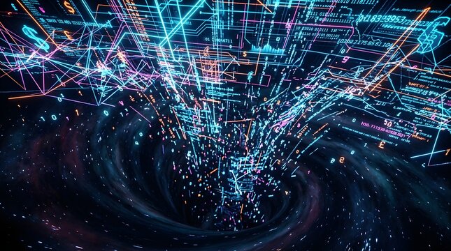 Futuristic digital vortex with glowing data streams and abstract graphics
