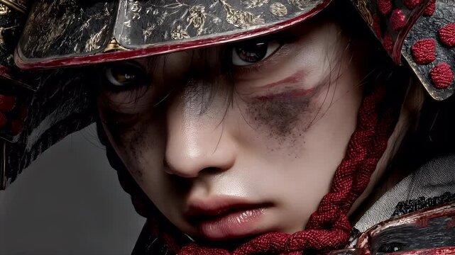 Fantasy wallpaper. A closeup portrait of a warrior, captured in a dramatic and intense pose. The warriors face is the central focus, with intense eyes and a focused expression.