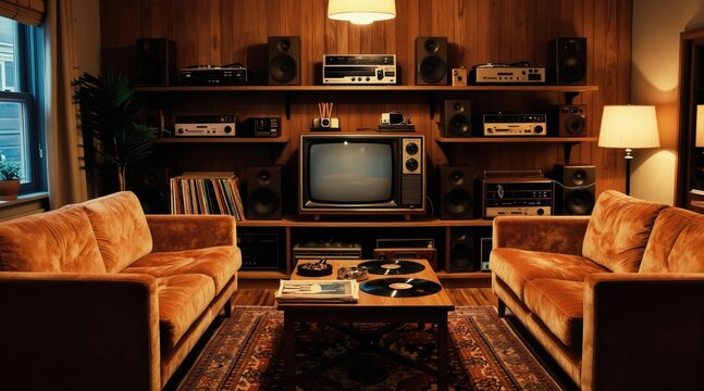 Retro living room setup with vintage television, audio equipment. Two plush orange sofas face wooden wall unit. Coffee table holds vinyl records, vintage stereo components create cozy atmosphere for