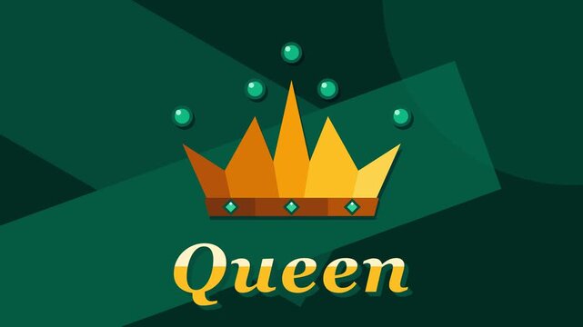 Flat Design Gold Queen Crown Vector with Green Jewels and Elegant Geometric Background