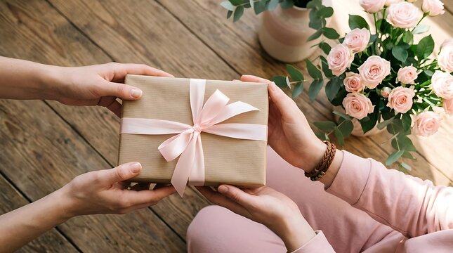 Close-up of hands exchanging a beautifully wrapped gift with a pink ribbon, suggesting celebration, generosity, and thoughtful presents.