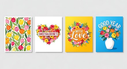 Naklejka premium Assortment of four vibrant greeting cards: a field of tulips, a heart-shaped floral design for Valentine's Day, a 'With Love' floral wreath, and a vase of flowers for a 'Good Year'.