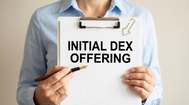 Professional business person holding clipboard displaying initial dex offering text for decentralized finance crypto strategy