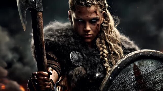 Fantasy wallpaper. A dramatic portrayal of a female warrior in a battle scene. She has long, braided blonde hair and piercing blue eyes. She wears a furlined cloak and holds a large.