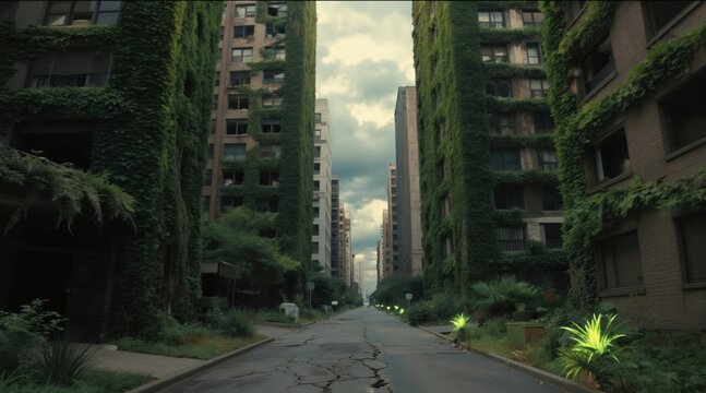Overgrown city street with crumbling buildings covered in dense green ivy. Overgrown plants line the broken pavement. Nature reclaims abandoned urban area with dramatic sky overhead.