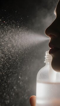 Close-Up of a Water Spray from a Lips with Soft Focus on Microdroplets in a Dark Setting, Capturing the Essence of Refreshment and Hydration