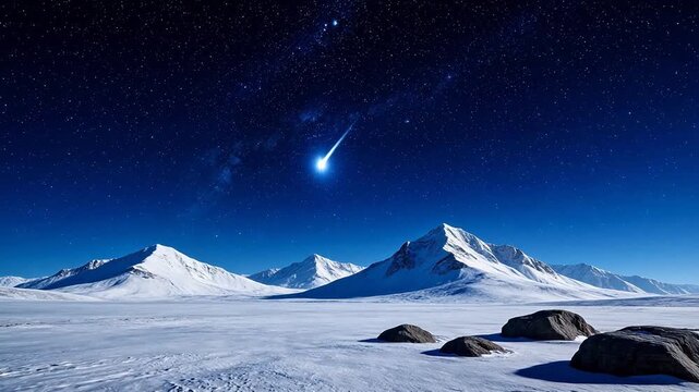 Snowy mountain landscape under starry sky