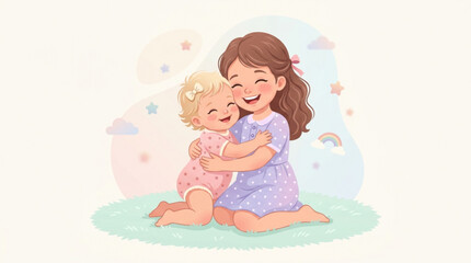 Smiling older sister hugging little baby girl sitting on green rug with colorful background stars and rainbow