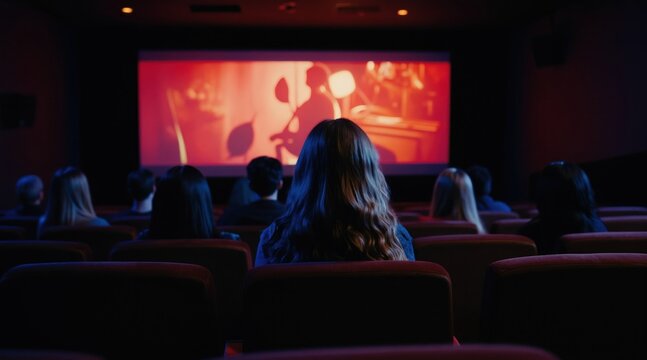 People watch movie on big screen in dark cinema hall. Audience sits in red seats, enjoy film screening. Entertainment and art event in movie theater.