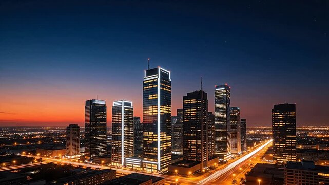 City skyline at dusk with illuminated buildings