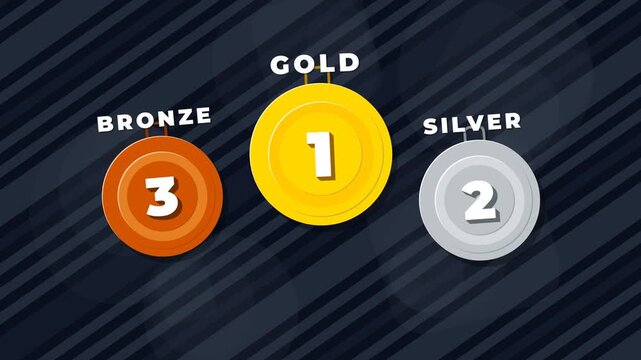 Gold silver and bronze medals representing first second and third place achievement ranking on dark blue background