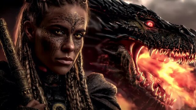 Fantasy wallpaper. A dramatic portrayal of a female warrior with intricate tribal designs on her face and upper body, set against a backdrop of a fiery dragon.