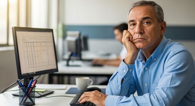 Bored Middle Aged Caucasian Man Working at Office Desk with Computer