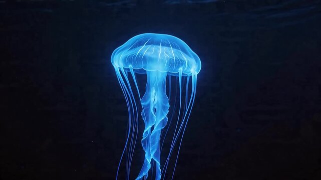 Blue glowing jellyfish in dark water