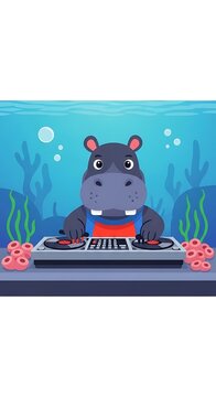Cartoon hippo DJing underwater. Vibrant scene with bubbles, coral, and a modern turntable setup. Playful, whimsical, and colorful illustration with an aquatic theme
