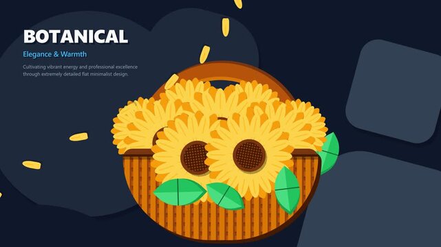 Flat Minimalist Animation of Sunflowers in a Wicker Basket with Falling Petals and Botanical Text on Dark Background