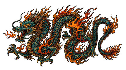Fototapeta premium Vibrant depiction of a majestic oriental dragon, breathing fire and showcasing intricate scales, an embodiment of power, wisdom, and mythical strength in an ancient legend