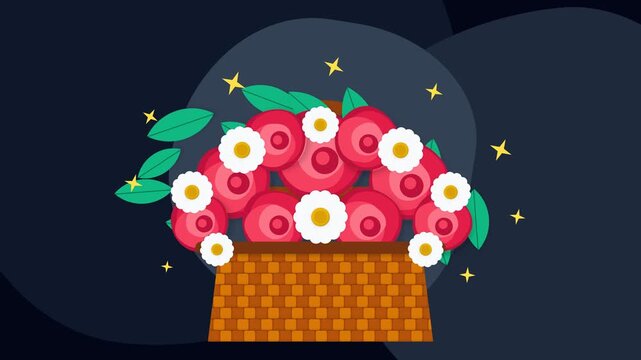 Animated Flat Vector Illustration of a Woven Basket Filling with Red Roses and White Daisies Blossoming