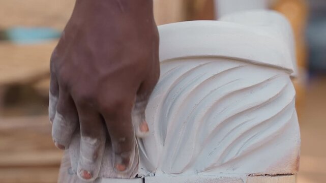 Closeup black artisan carving decorative motif on wood block, flowing relief patterns revealed, hands smoothing contours, neat powder of sawdust, artistic finishing touch in studio.