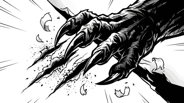 Dynamic illustration of a formidable creature's sharp-clawed hand violently striking and fragmenting an unseen object, rendered in impactful monochrome art style, depicting immense destructive power