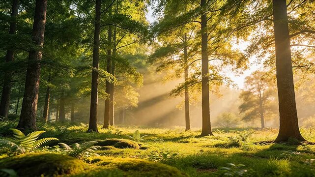 Sunlit forest with mossy ground
