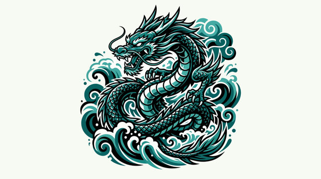 Vibrant Stylized Asian Dragon Illustration with Majestic Teal Hues Amidst Dynamic Ocean Waves, Embodying Ancient Mythological Power and Strength