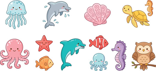 Cute pastel sea animal cartoon set with dolphin octopus jellyfish turtle fish and ocean creatures © MdHasan