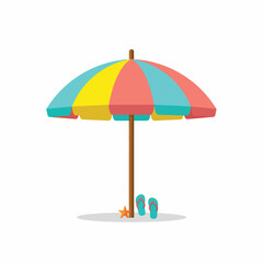 Obraz premium Colorful Beach Umbrella with Blue Flip Flops.
