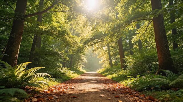 Forest path with sunlight filtering through trees