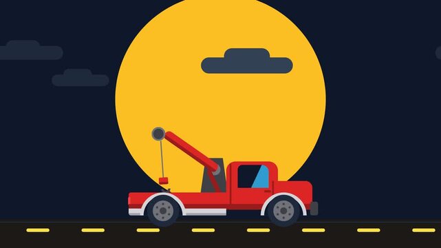 Red Tow Truck Driving on Highway at Night Under Large Full Moon for Roadside Assistance and Vehicle Recovery Services