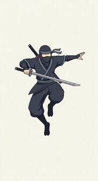 A masked figure in dark clothing, holding swords mid-leap against a neutral background. An action-oriented illustration
