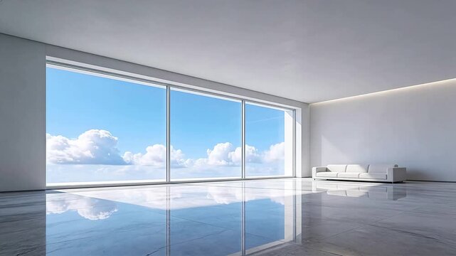 Modern minimalist living room with large windows