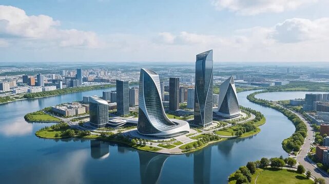 Modern skyscrapers by river