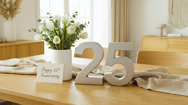 Modern Scandinavian-style 25th wedding anniversary decorations: elegant matte silver number "25" standing on a natural oak table, "Happy 25th Anniversary" text.