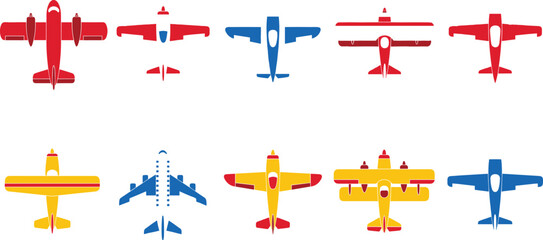 Colorful airplane top view icon set featuring various aircraft silhouettes and aviation transport vector illustrations © MdHasan