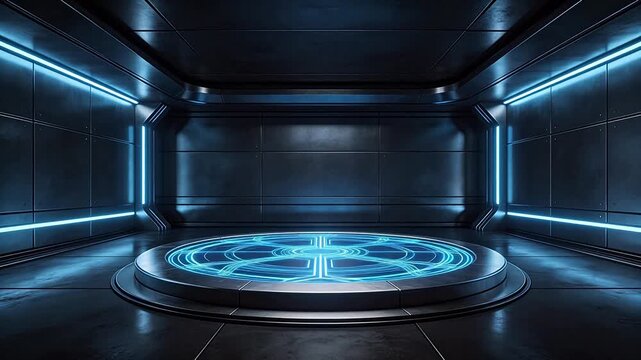 Futuristic room with glowing blue patterns