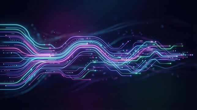 Glowing neon circuit lines forming digital data stream on dark background. Abstract technology concept representing high speed network connection, information flow and cyber infrastructure.