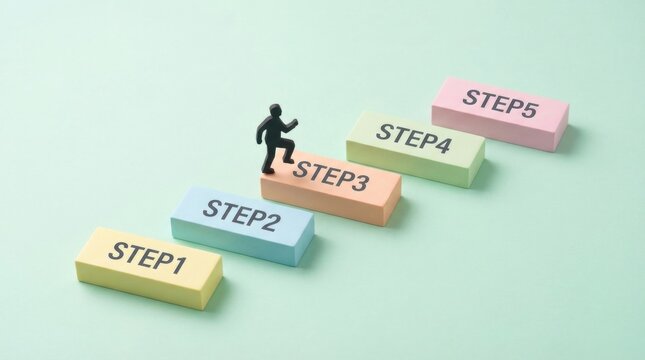 Small silhouette figure climbing ascending pastel colored blocks labeled with numbers one through five representing steps