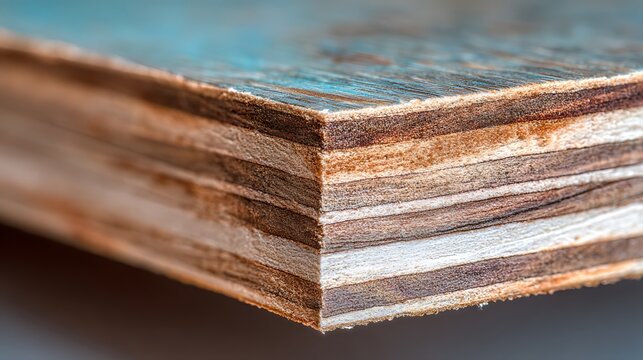Close up view of a stack of plywood sheets showing wood grain and layered texture.