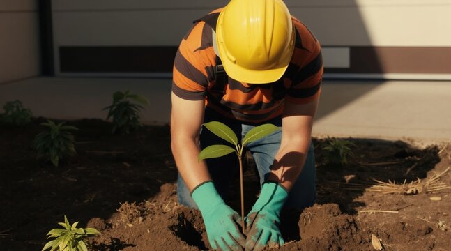 Man in hard hat and gloves plants sapling in soil. Person gardens near modern building. Worker cares for new tree, improving urban greenery and landscape.