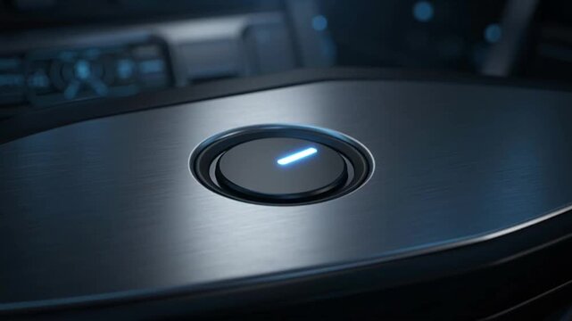 Futuristic Power Button with Glowing Blue Light on Brushed Metal
