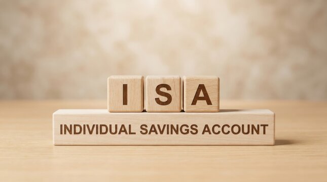 Wooden blocks spell isa on top of individual savings account text on light brown surface
