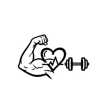 Bicep muscle with dumbbell and heartbeat.