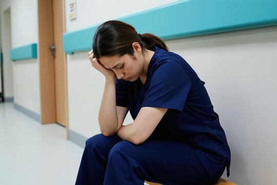 Nurse sits in hospital hallway looking tired. She has her head in her hands. Her shift was difficult. She feels stressed and overworked after a long day.
