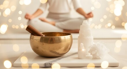 Singing bowl and crystals for meditation, person meditating in background.
