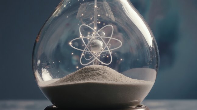 Hourglass with atomic structure and particles inside. Sand flows, symbolizing time and quantum physics. Creative digital art concept for science and time.