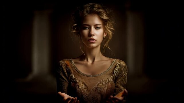 Fantasy wallpaper. A portrait of a woman, rendered in a dramatic style with a touch of fantasy. She holds a glowing orb in her hands, emitting a warm.