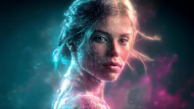 Fantasy wallpaper. A vivid digital artwork depicts a womans face and upper body, rendered in a fantastical style. The woman has a serene expression, her gaze directed slightly to the side.
